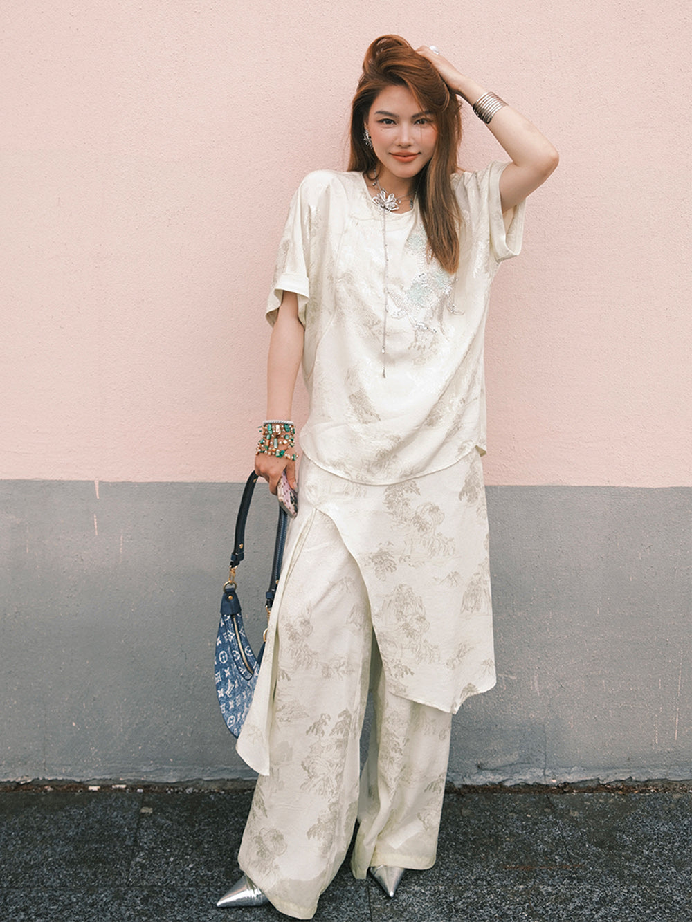 MUKZIN“Capsule Collection”Off - White Jacquard Loose Wide - Leg Pants