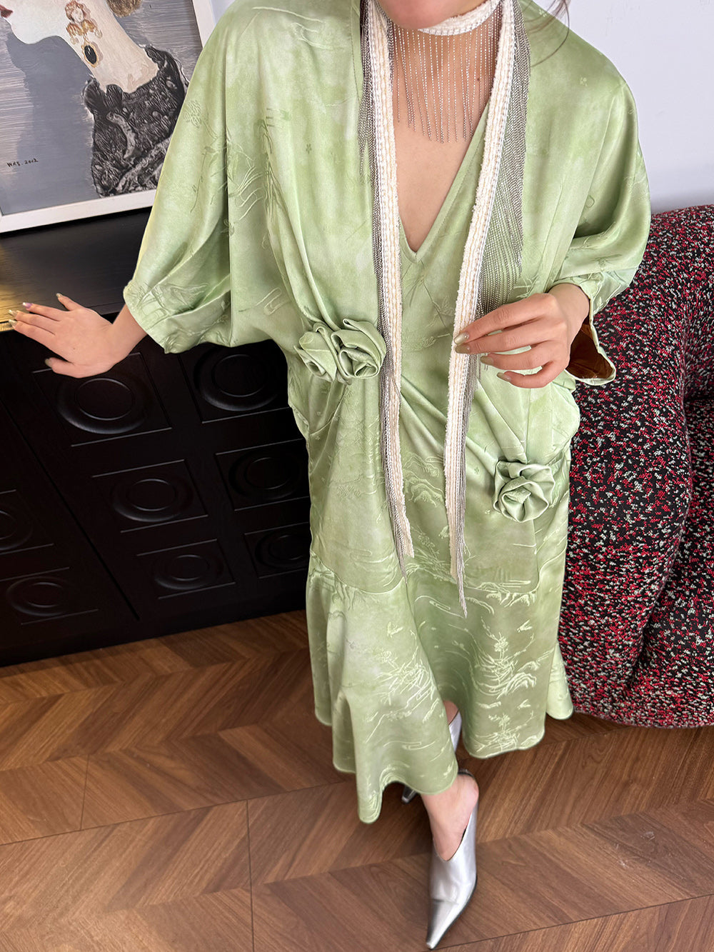 Mukzin“Capsule Collection”New Chinese-Style Fashionable Waist-Tightening And Slimming Printed Retro V-Neck Dress