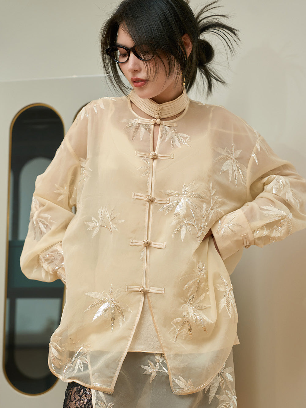 MUKZIN Chinese Style Stand Collar Shirt with Bamboo Leaf Embroidery