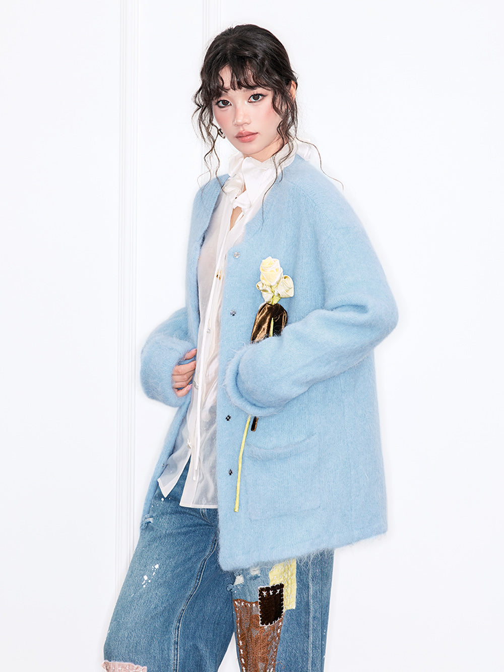 MUKZIN“Realm of Ethereal Mist”Light Blue Fuzzy Cardigan with Floral Decoration