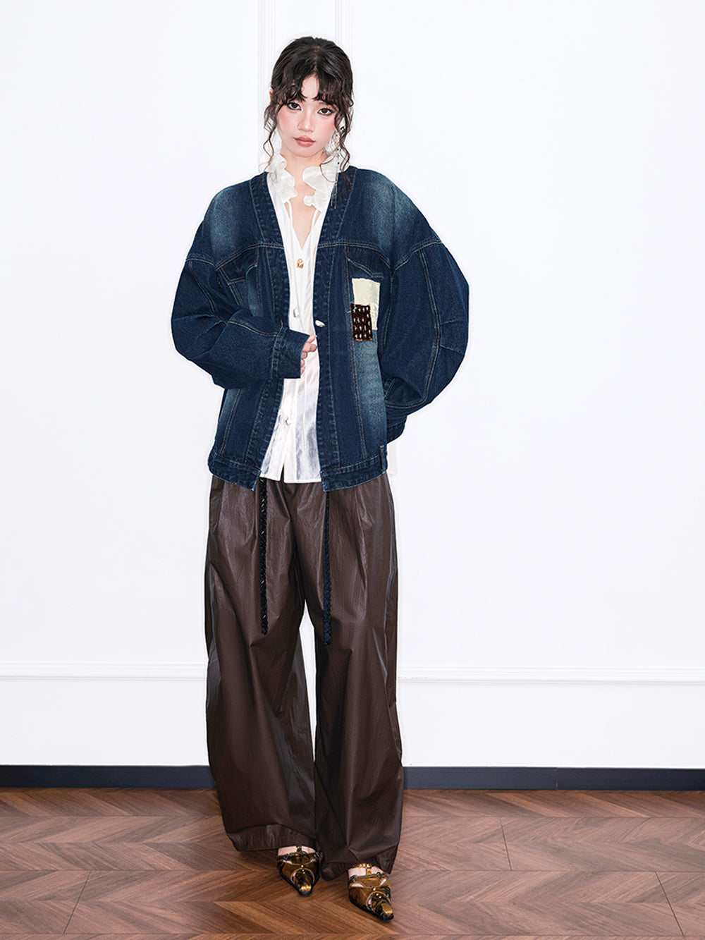 MUKZIN“Realm of Ethereal Mist”Intangible Cultural Heritage Applique - Embroidered Chinese - Style Cross - Collar Denim Jacket