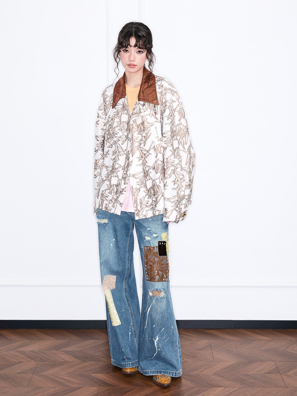MUKZIN“Realm of Ethereal Mist”Loose Jacket with Plant Pattern, Contrast - Color Collar and Splicing Design