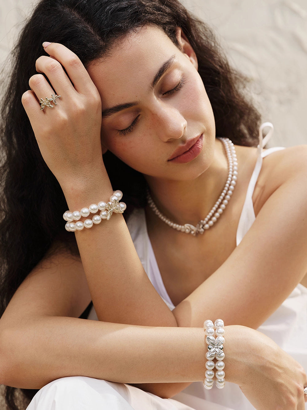 MUKTANK×SUN HUNTER “Emergence”Two-Tone Lace Butterfly Pearl Bracelet