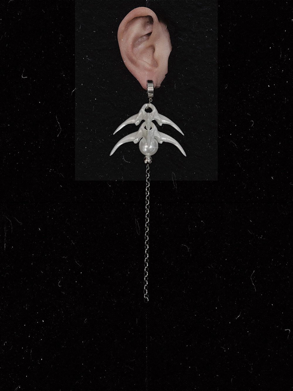 MUKTANK×DARK DREAM  3D printed spiky bone flower earrings with bead collisions and pearl-colored chains