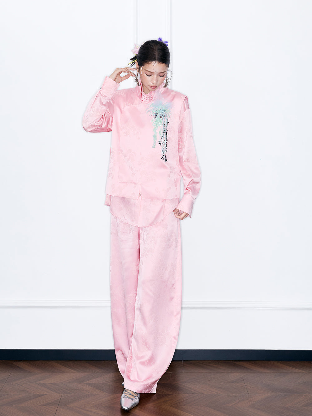 MUKZIN“Capsule Collection”Oriental Style Satin Shirt New Chinese Mandarin Collar Blouse
