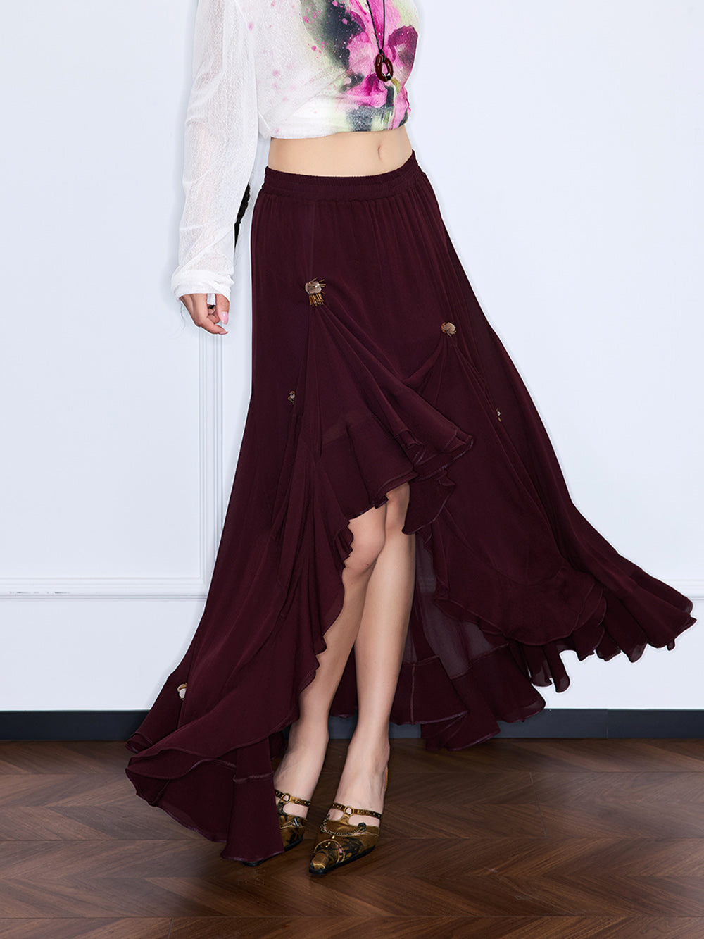 MUKZIN“Realm of Ethereal Mist”Burgundy irregular midi skirt