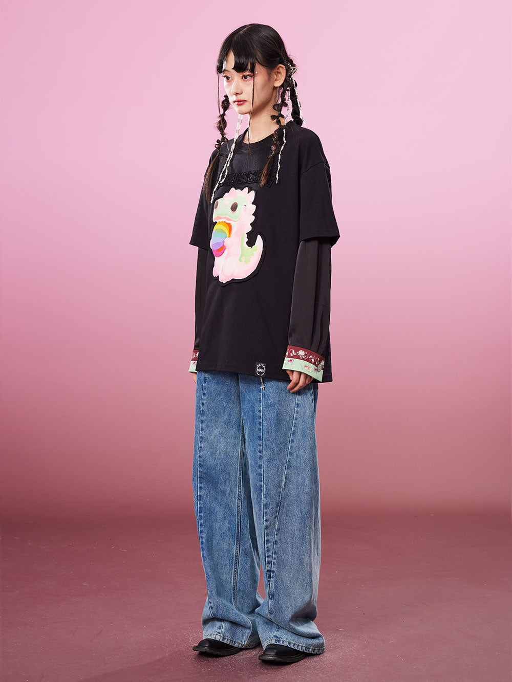 MUKZIN Fake Two-piece 2-color Embroidery School Style All-match T-shirts