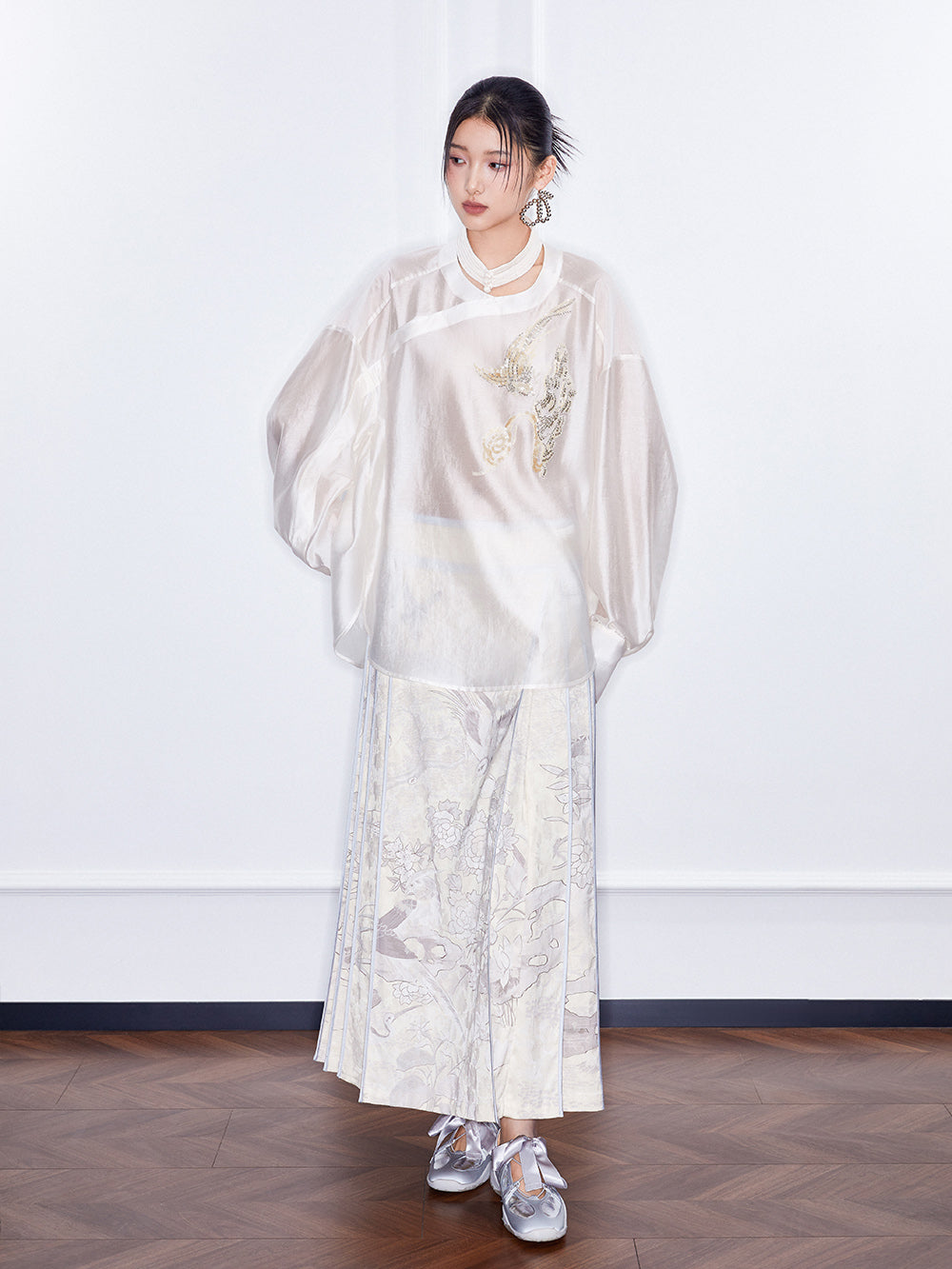 MUKZIN SpringPrelude Chanting Pine Chinese - style Round - collar Translucent Traditional - style Shirt