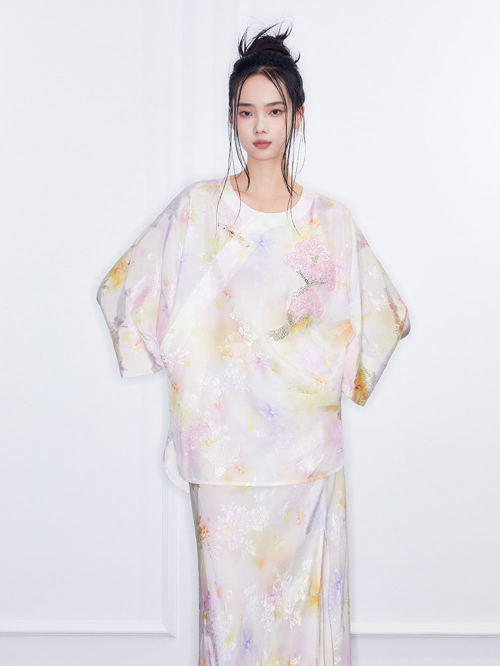 MUKZIN SpringPrelude Spring Mountain Drunk Gradient Printing Side-slit Big A-line Umbrella Skirt