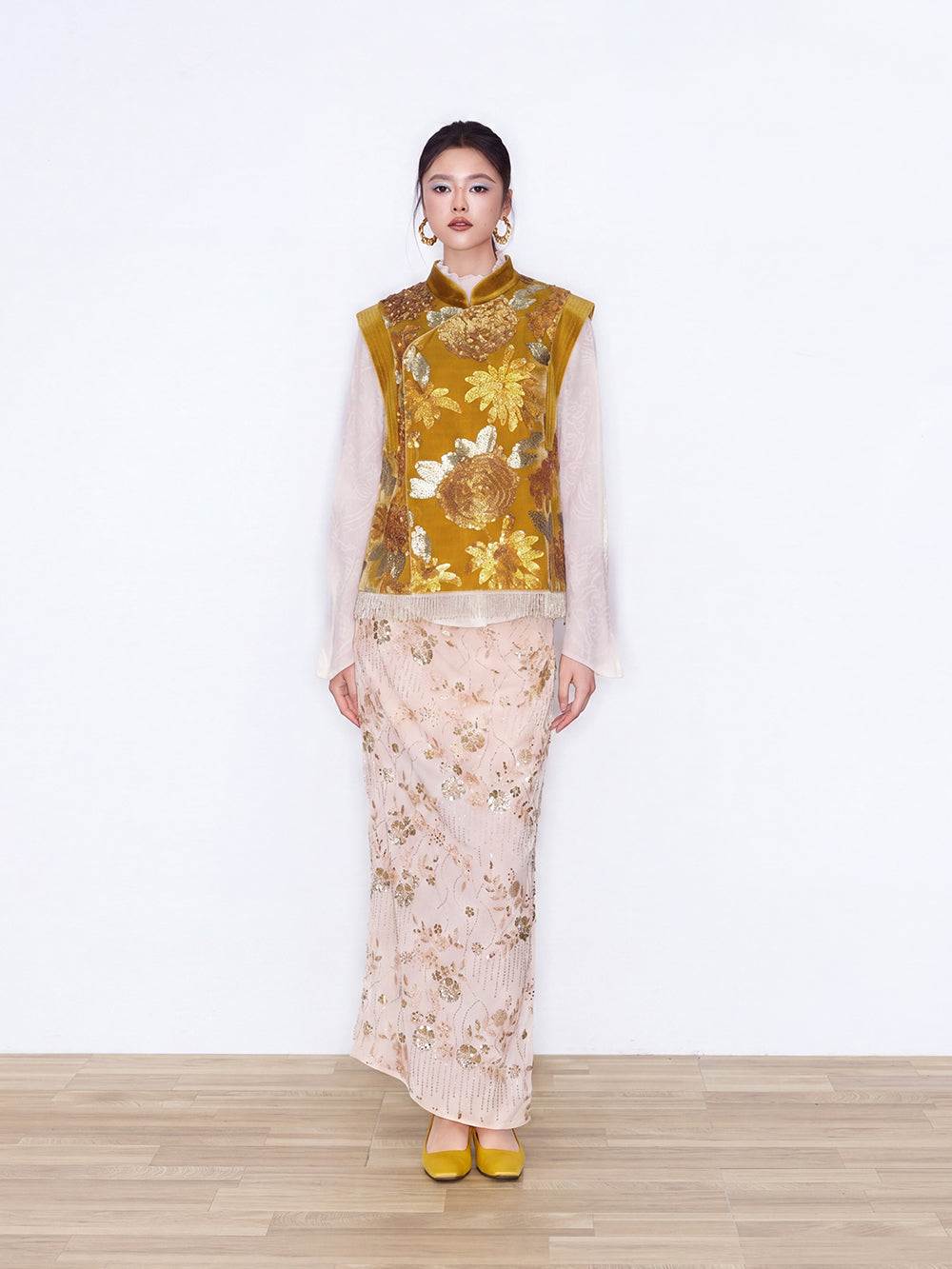 MUKZIN×Capsule Collection New Chinese-Style Floral Print Silk Velvet Stand Collar Vest – Orange