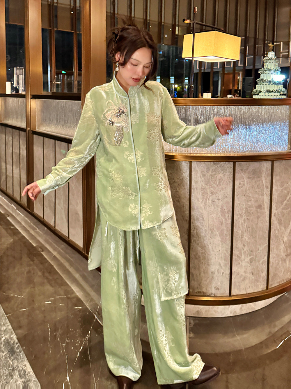 MUKZIN“Capsule Collection”Light Green Velvet Embroidered Mandarin Collar Shirt | Oriental Sequin Embellished High-Low Hem Blouse