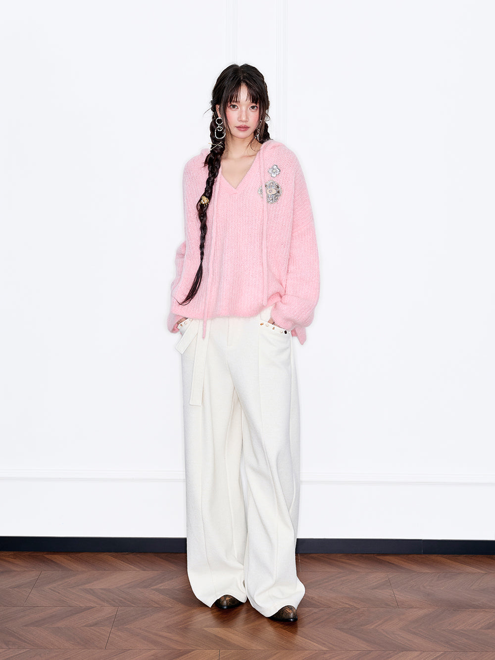 MUKZIN“Capsule Collection”Pink Mohair Loose V-Neck Sweater