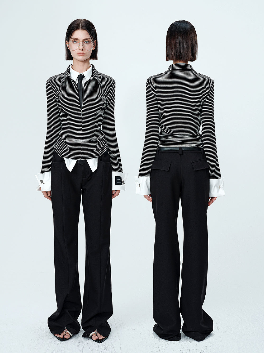 MUKTANK×MODULER Fake Two-piece Shirt with a Striped Henley Top Featuring a Spliced Turned-up Sleeves