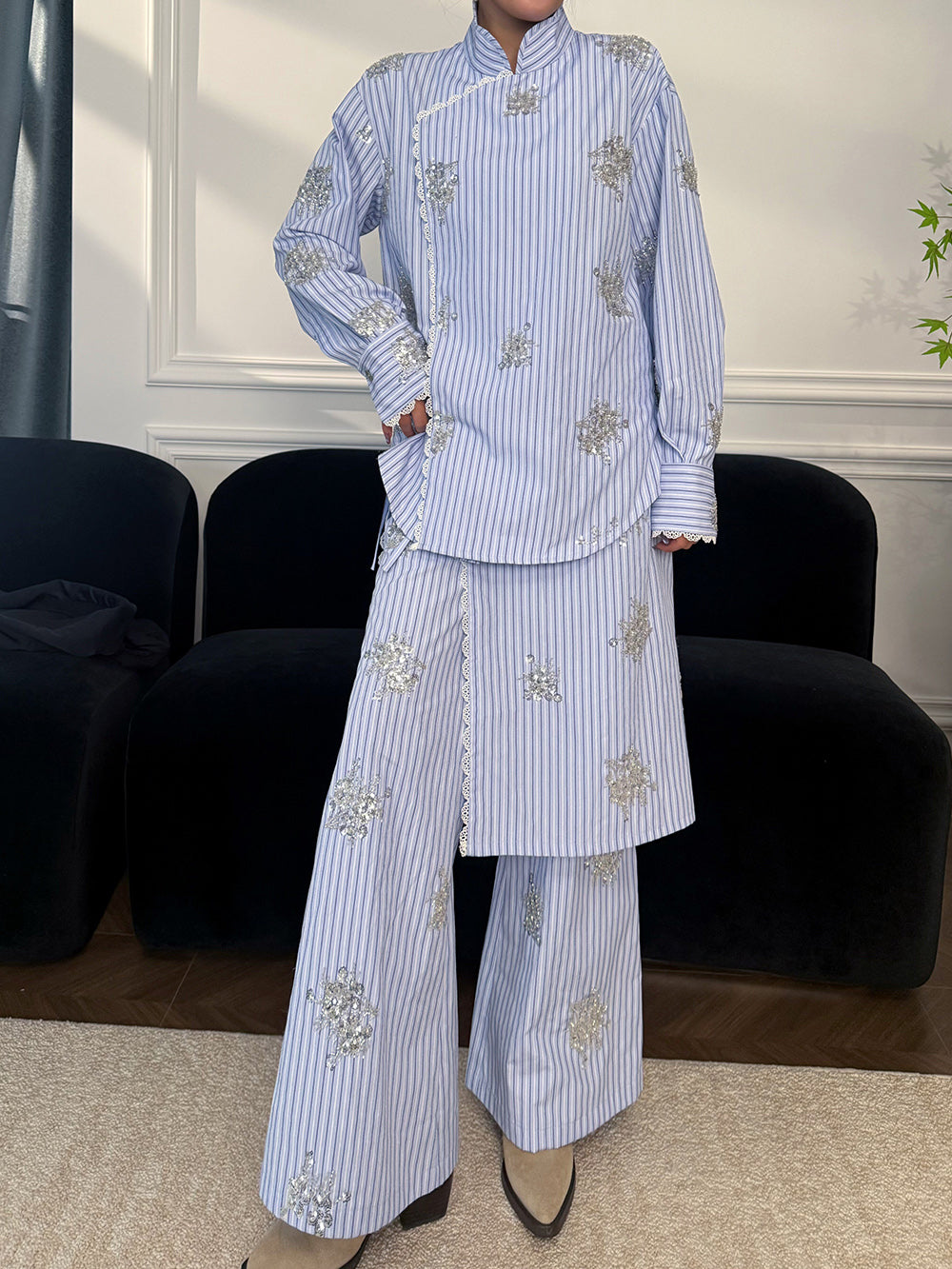 MUKZIN“Capsule Collection”Blue Striped Floral Embroidered Mandarin Collar Shirt | Oriental Sequin Embellished Long Sleeve Blouse