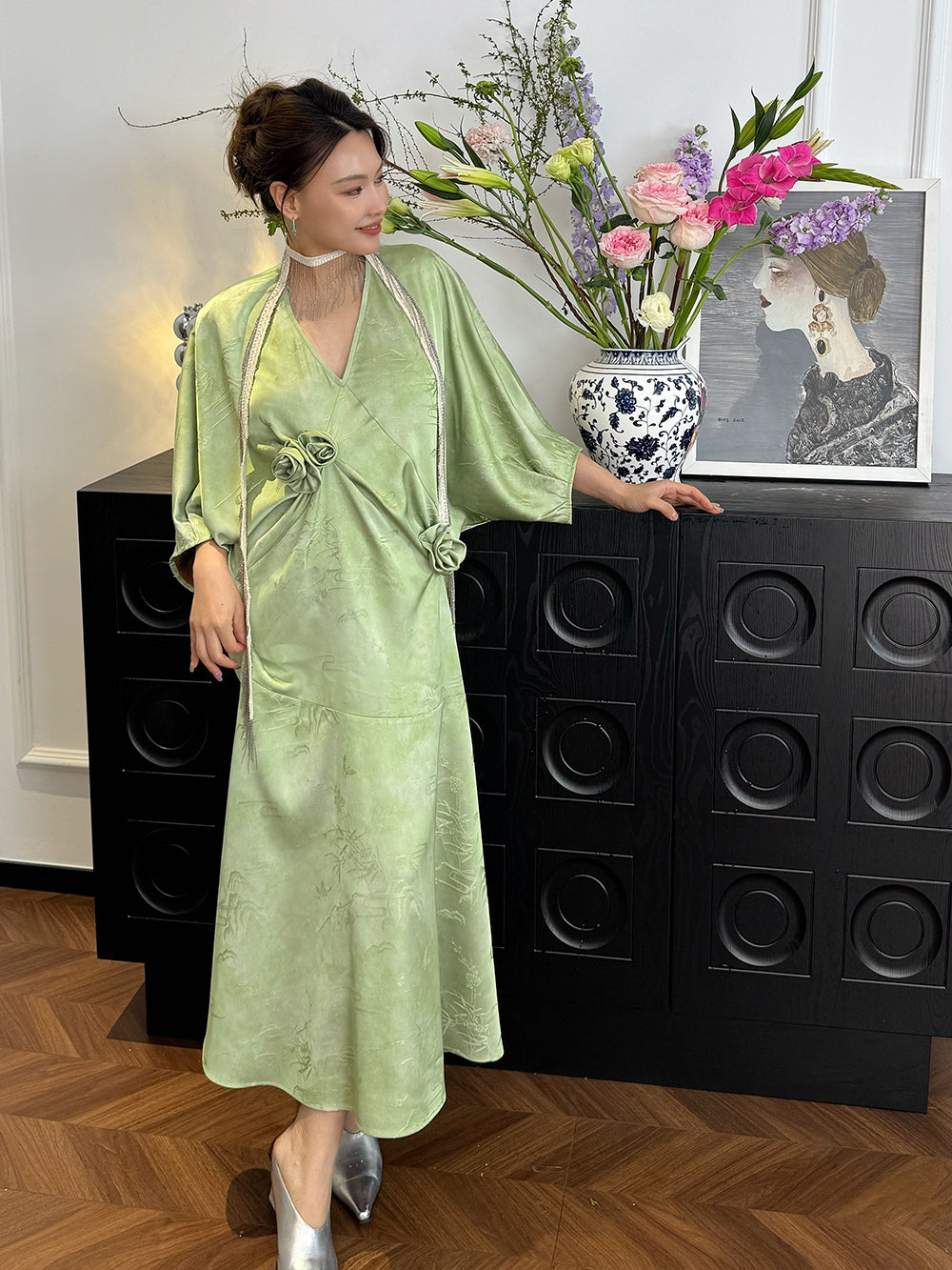 Mukzin“Capsule Collection”New Chinese-Style Fashionable Waist-Tightening And Slimming Printed Retro V-Neck Dress