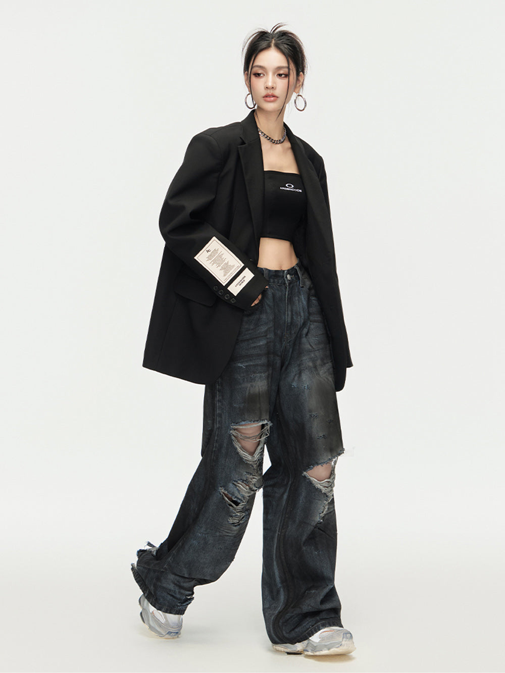 MUKTANK × ARDENCODE Neutral Washed Ripped Loose Wide-leg Jeans Pant