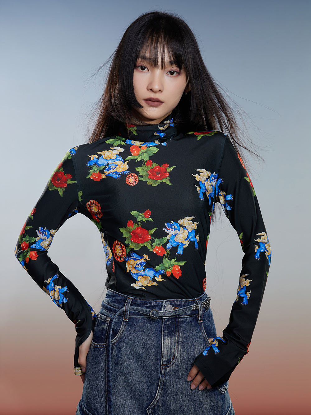 Thickened Fleece-Lined Autumn & Winter National Style Printed Turtleneck Base Shirt
