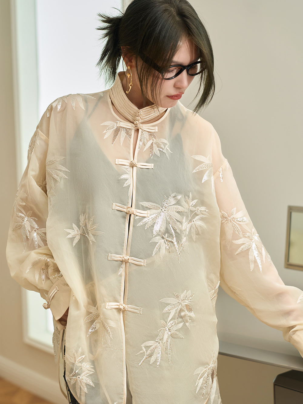 MUKZIN Chinese Style Stand Collar Shirt with Bamboo Leaf Embroidery