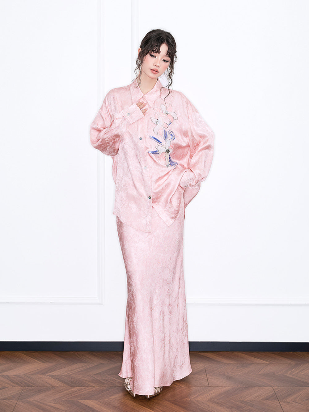 MUKZIN“Realm of Ethereal Mist”National Style Pink Jacquard Satin High-slit Slim Long Midi Skirt