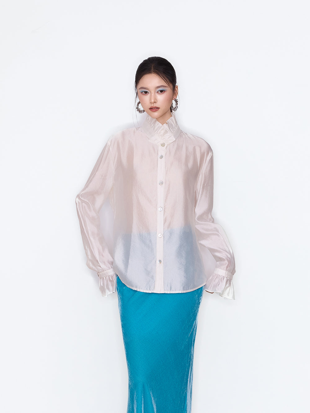 MUKZIN×Flourishing Blooms New Chinese-style loose and casual versatile glossy stand-up collar shirt