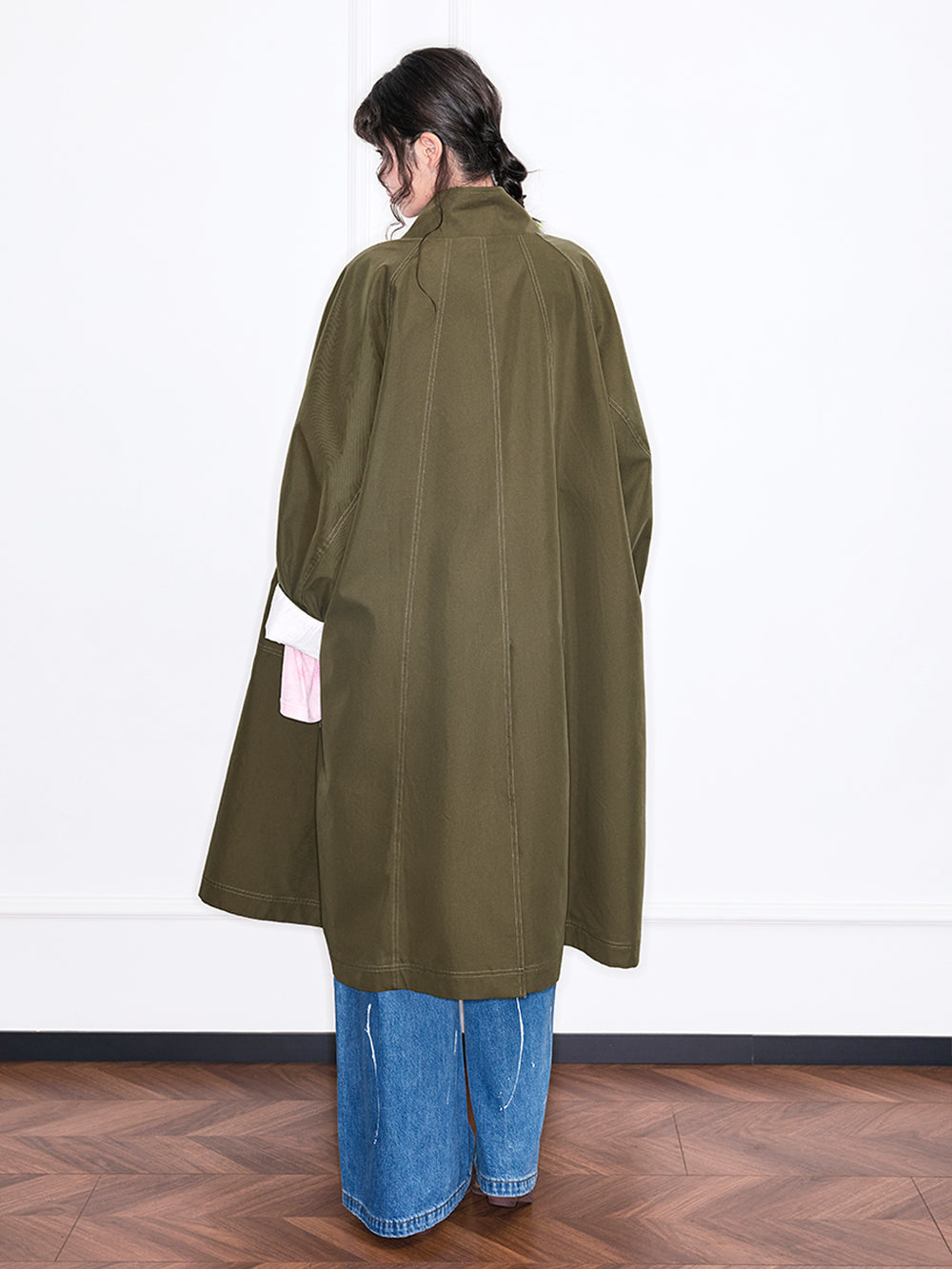MUKZIN“Realm of Ethereal Mist”Olive Green Long Trench Coat with Floral Appliqué