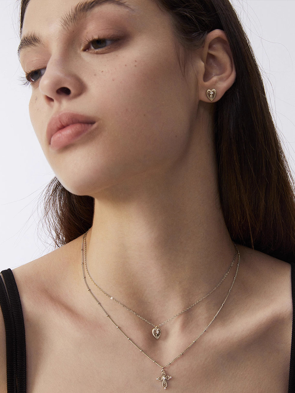 MUKTANK×SUN HUNTERCross and heart double-layer necklace