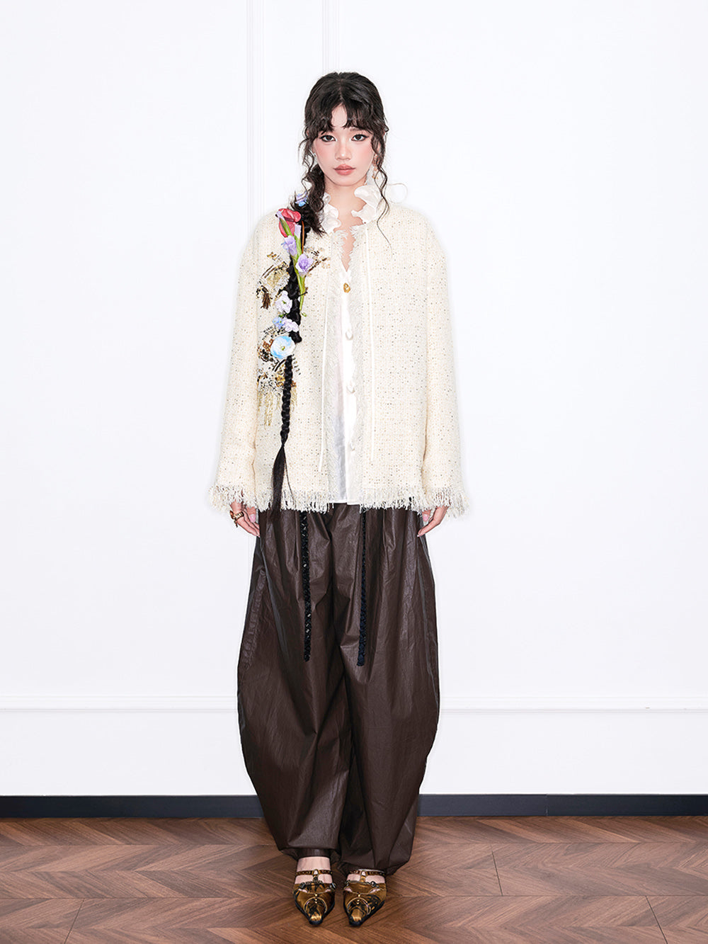 MUKZIN“Realm of Ethereal Mist”Off - White Tweed Cardigan with Sequin Embroidery and Fringes