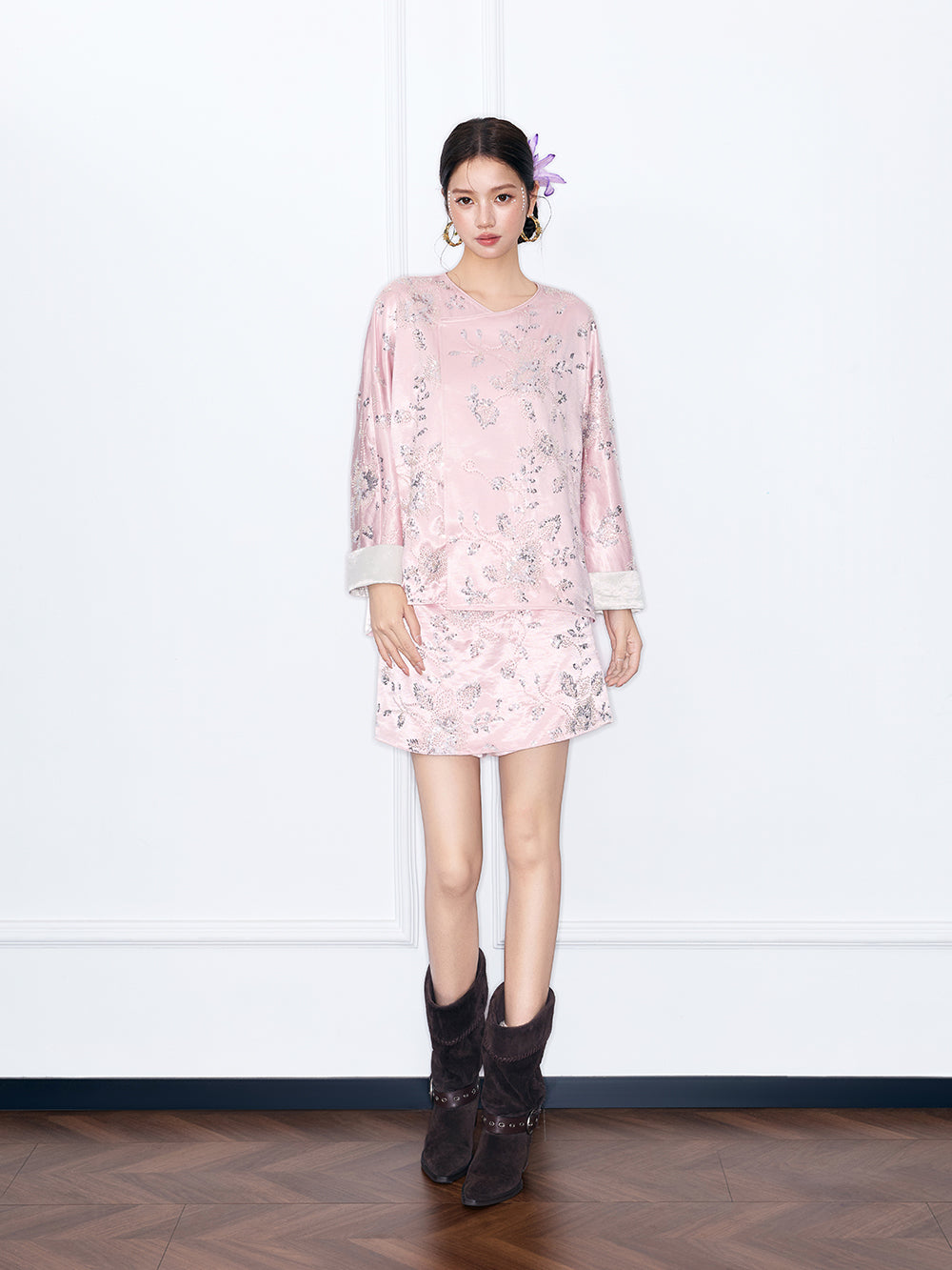 MUKZIN“Night Ballad of Chang'an”New Chinese Style Pink Jacquard Satin Mini Skirt, Traditional Chinese A-Line Skirt