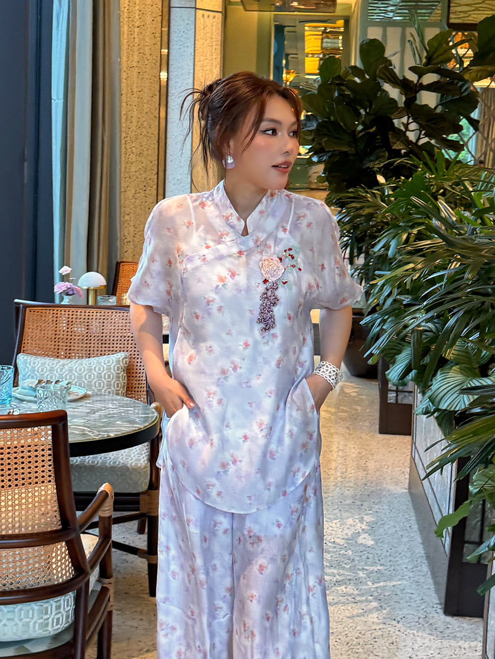 MUKZIN×Capsule Collection Modern Chinese Floral Shirt Set with ICH Hami Hand Embroidery