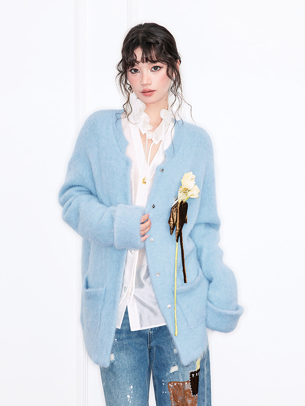 MUKZIN“Realm of Ethereal Mist”Light Blue Fuzzy Cardigan with Floral Decoration