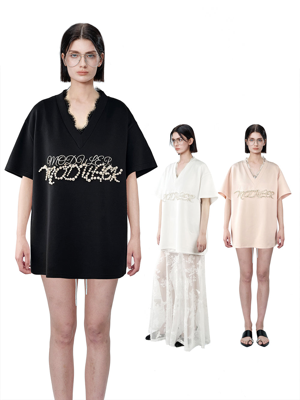 MUKTANK×MODULER Heavy-Detailed T-Shirt with Lace Paneling and Pearl Embroidery