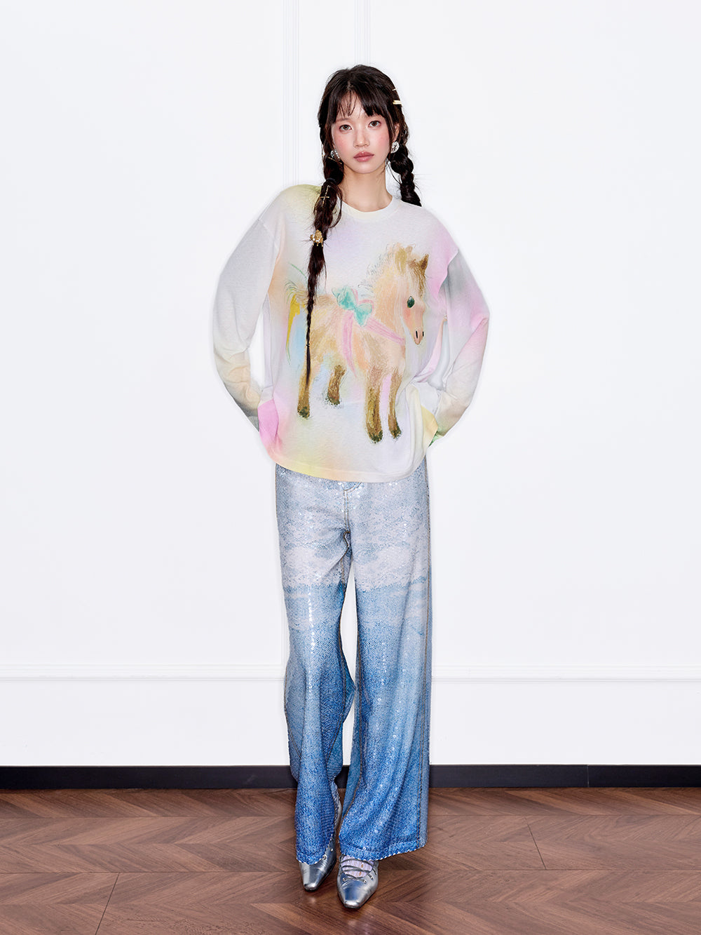 MUKZIN“The Sequence of Deer's Call”Macaron Gradient Pony Print Oversized Sheer Long-Sleeve Top