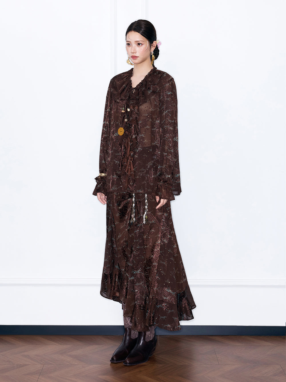 MUKZIN“Capsule Collection”Sheer Embroidered Brown Maxi Skirt | High Waist Boho Slit Skirt