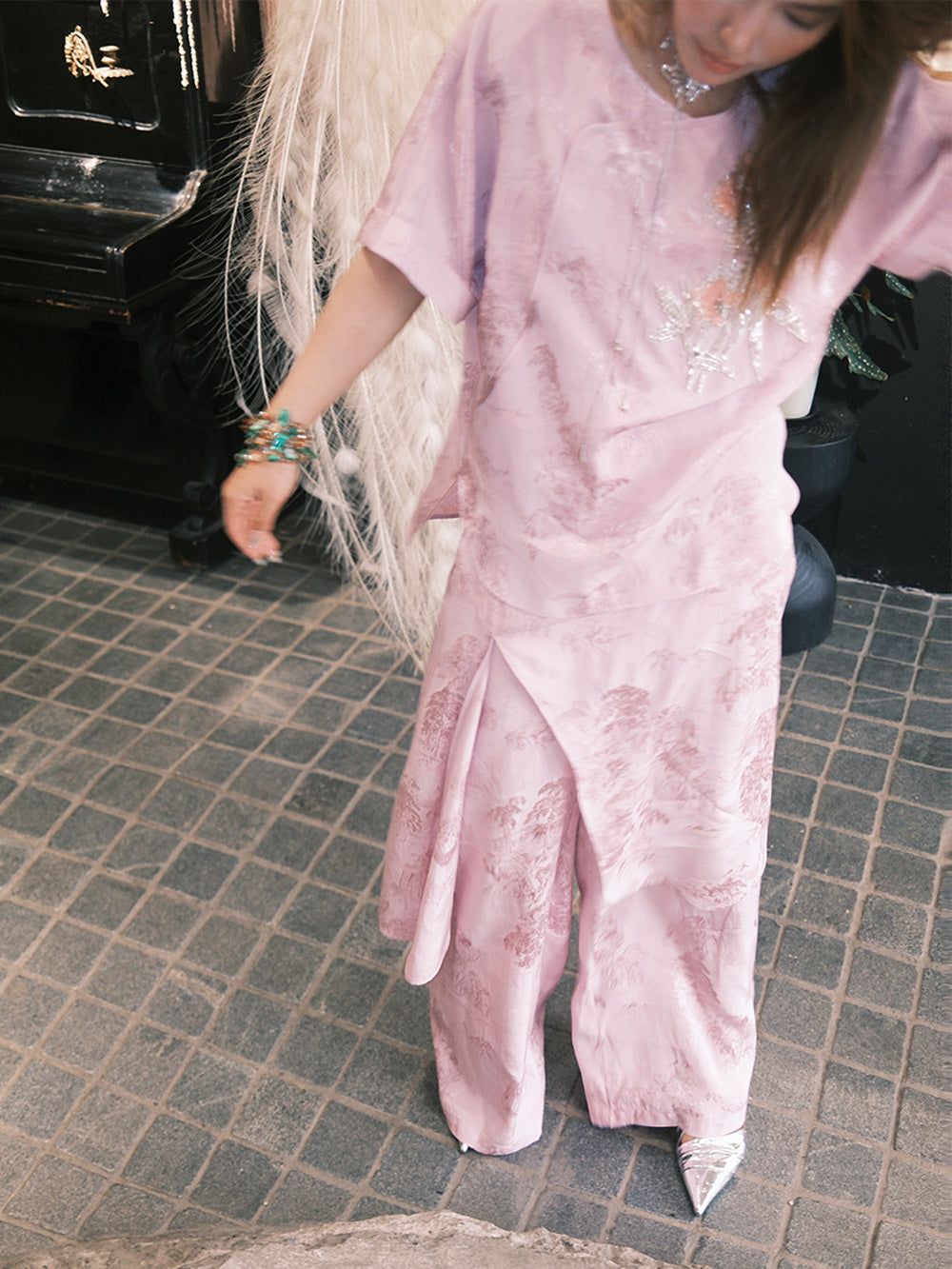 MUKZIN“Capsule Collection”Pink Jacquard Loose - fitting Long Pants