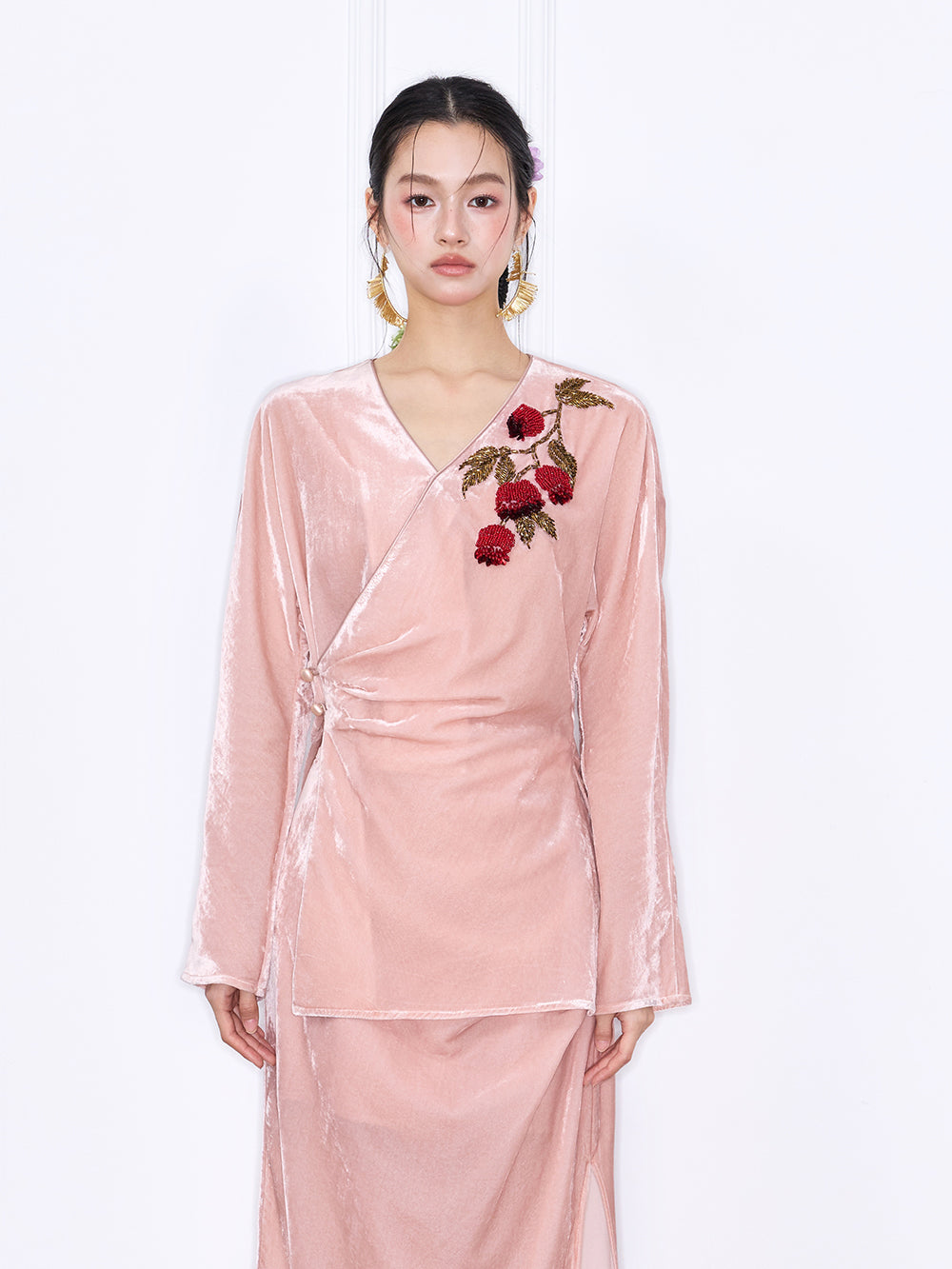 MUKZIN“Capsule Collection”Velvet Wrap Top with Red Floral Embroidery