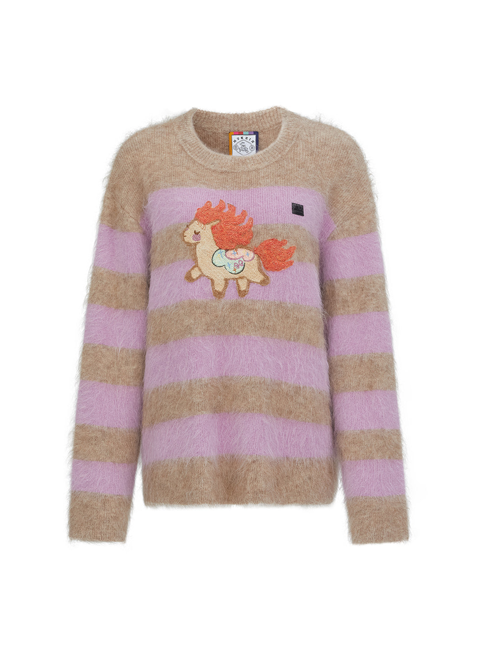 MUKZIN“Realm of Ethereal Mist”Cute Pony Embroidered Crew Neck Striped Knit Sweater