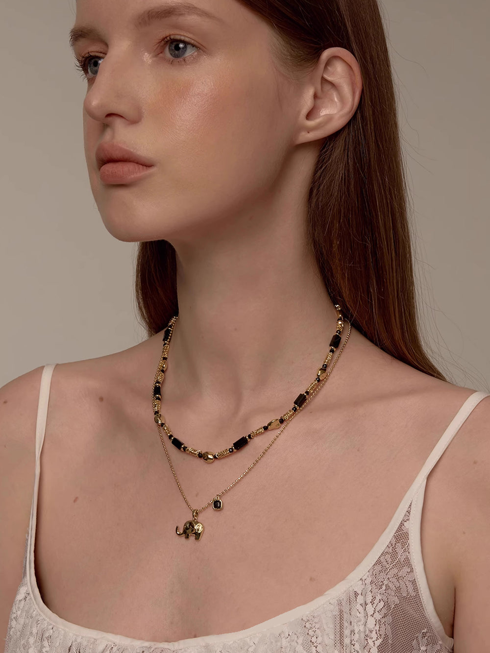 MUKTANK×SUN HUNTER Double-layered Necklace with Little Elephant Design and Black Spinel