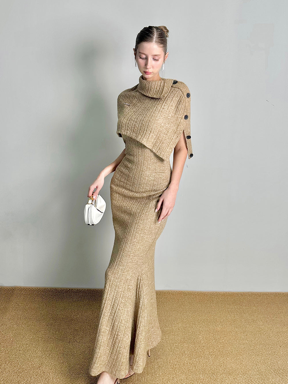 MUKTANK×Jqwention Patchwork V-Neck Slim-Fit Knit Lace Two-Piece Dress Shrug