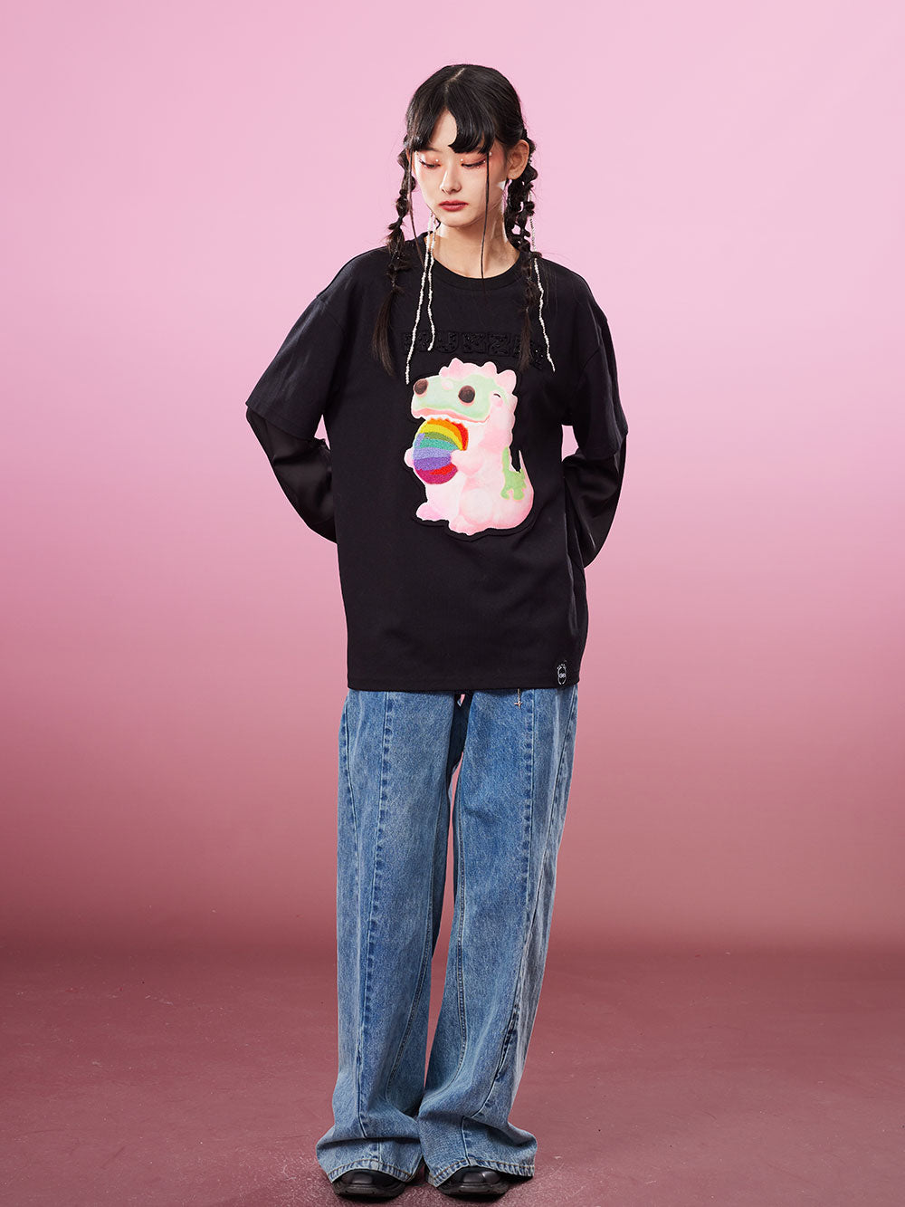 MUKZIN Fake Two-piece 2-color Embroidery School Style All-match T-shirts