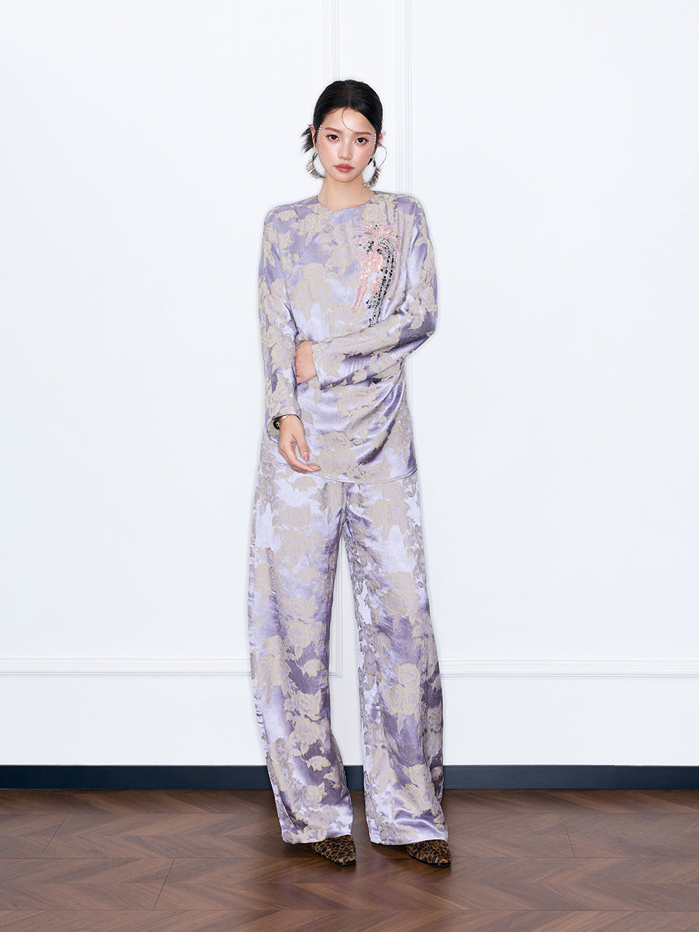 MUKZIN“Capsule Collection”Lavender Floral Jacquard Long Sleeve Top | Sequin Embroidered Oriental Blouse