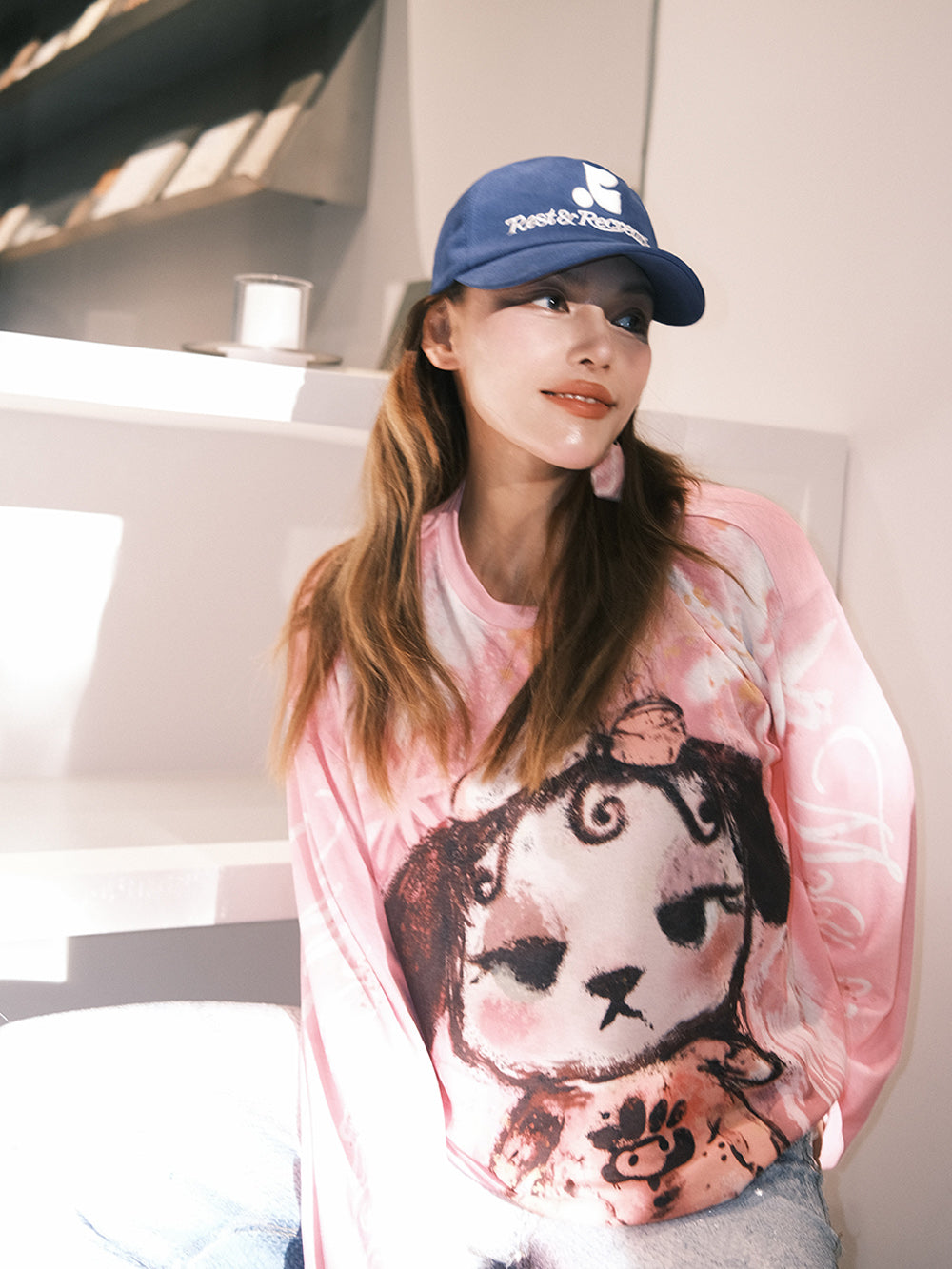 MUKZIN“Capsule Collection”Pink - toned tie - dye style cute dog printed long - sleeve T - shirt