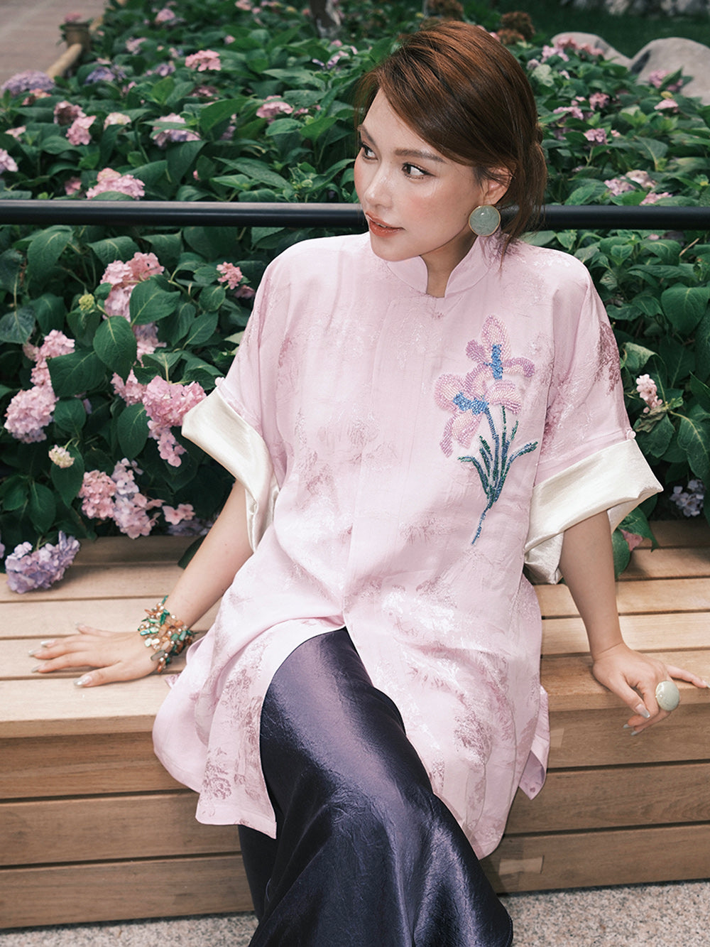 MUKZIN“Capsule Collection”Pink Chinese - style Stand - up Collar Floral Embroidered Loose Top