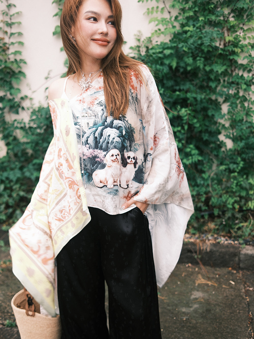 MUKZIN“Capsule Collection”Chinese - Style Artistic Printed Loose - Fit V - Neck Top