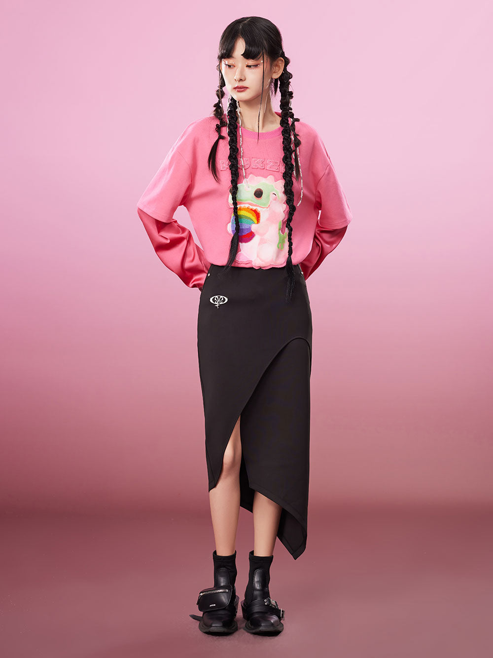 MUKZIN Fake Two-piece 2-color Embroidery School Style All-match T-shirts
