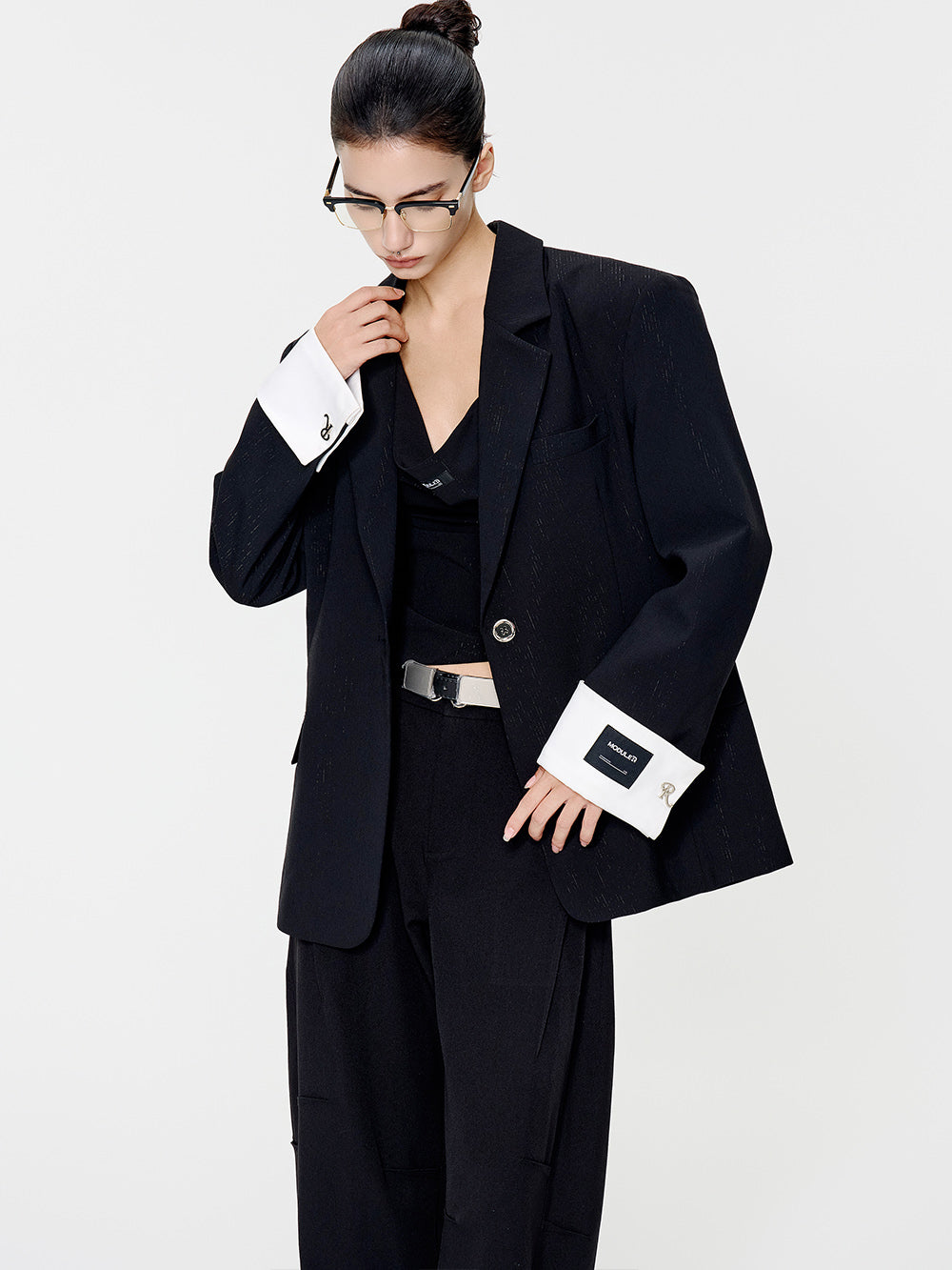 MUKTANK×MODULER Back Slit Patchwork Faux Two-Piece Turn-Down Sleeve Blazer