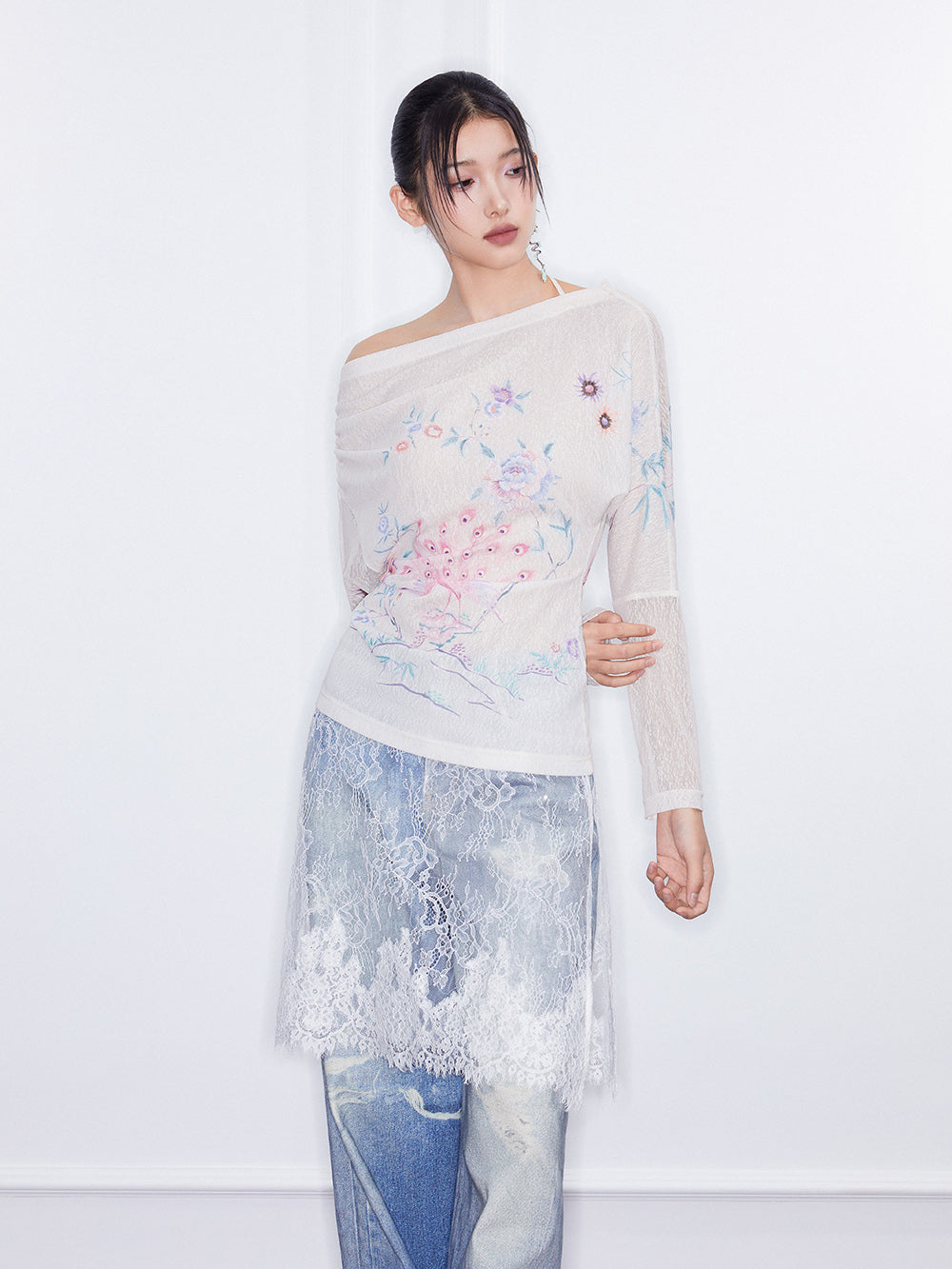 MUKZIN SpringPrelude “Joy of Sparrows” Asymmetric - shoulder Slim - fit Chinese - style Printed Undershirt