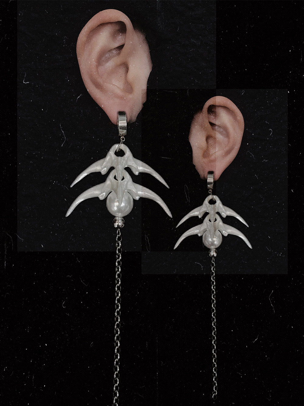 MUKTANK×DARK DREAM 3D printed spiky bone flower earrings with bead collisions and pearl-colored chains