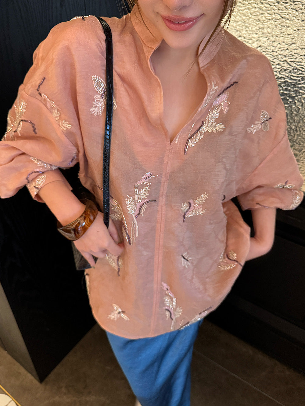 MUKZIN“Capsule Collection”Pink embroidered top