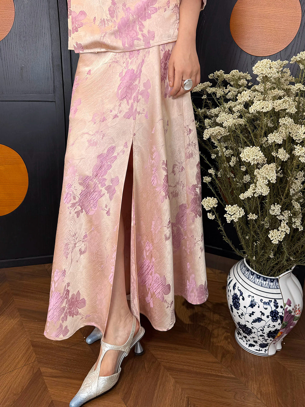 MUKZIN“Capsule Collection”Pink Chinese-style printed midi skirt