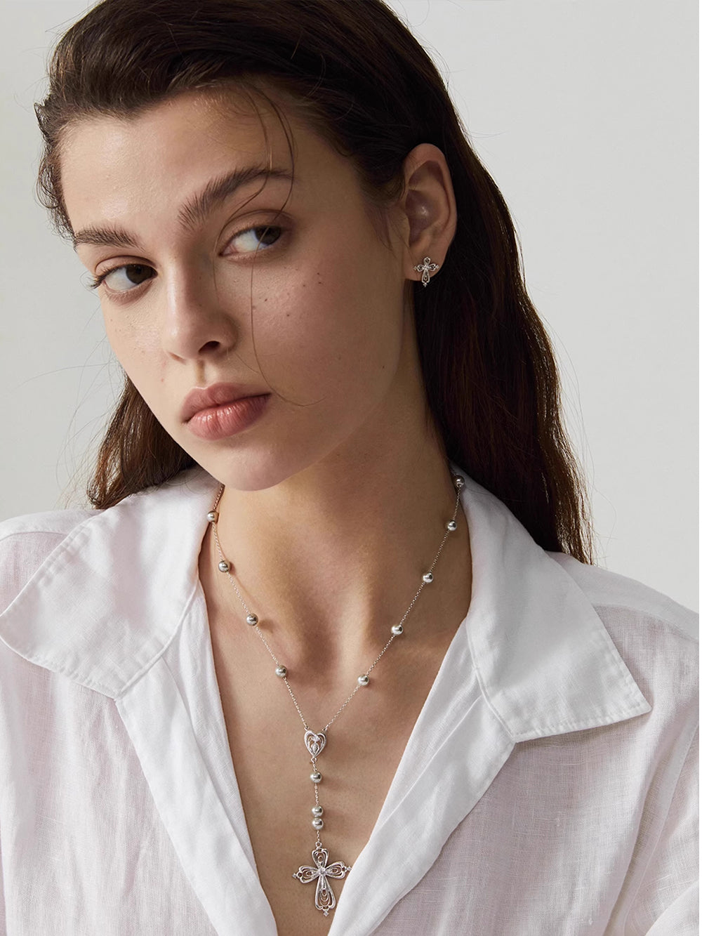 MUKTANK×SUN HUNTER Lace cross pearl Y-chain